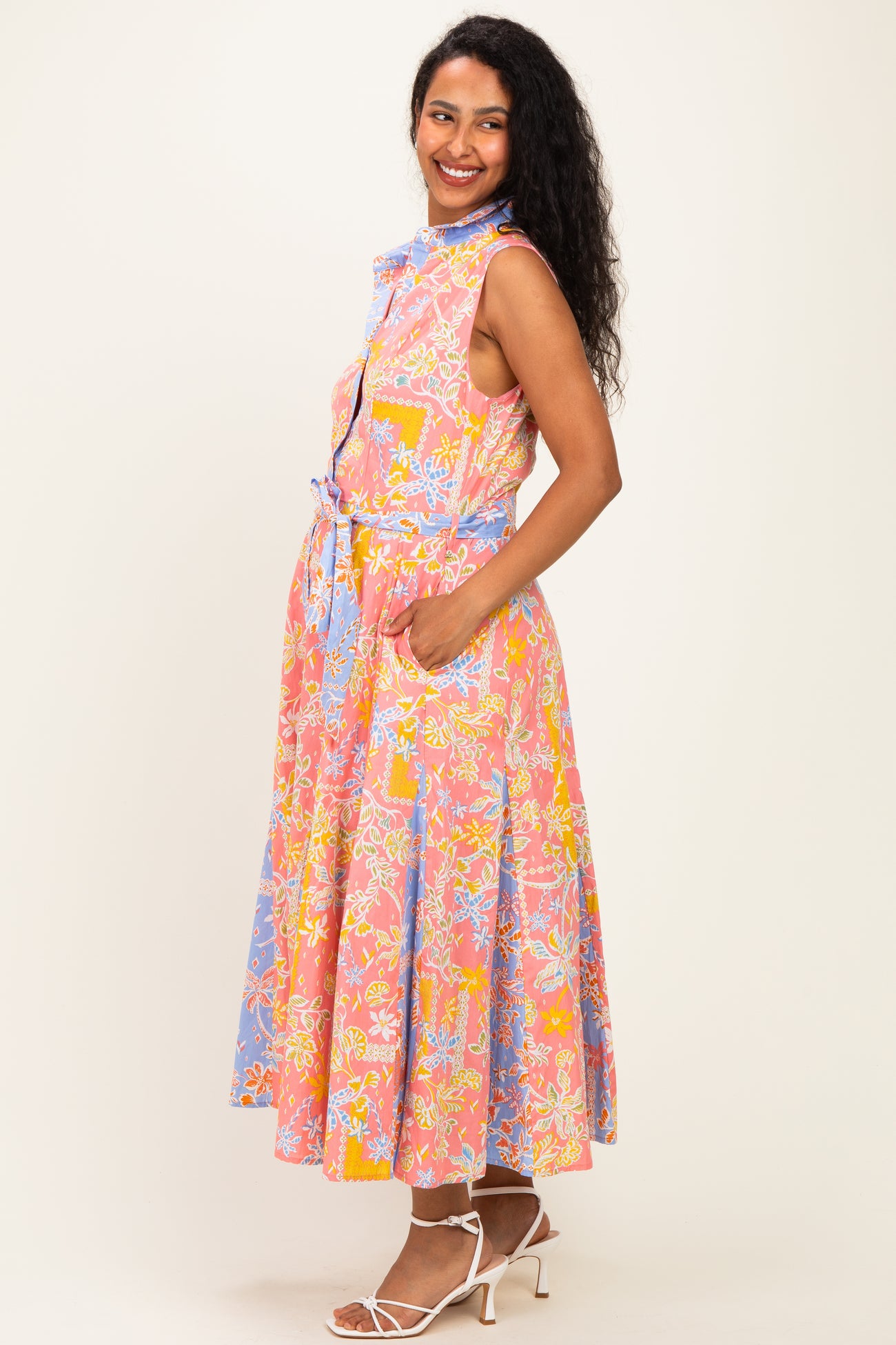 Peach Pink Colorblock Floral Button Down Maternity Midi Dress