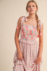 Pink Peach Multi Floral Smocked Midi Dress