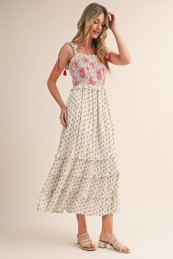 Off White Multi Floral Smocked Midi Dress
