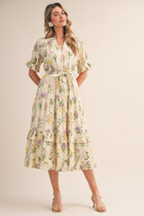 Cream Floral Belted Tiered Midi Dress