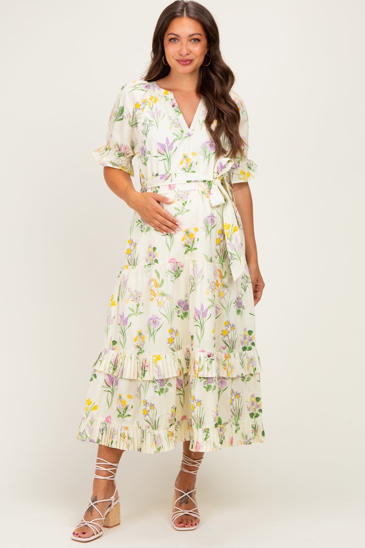 Cream Floral Belted Tiered Maternity Midi Dress