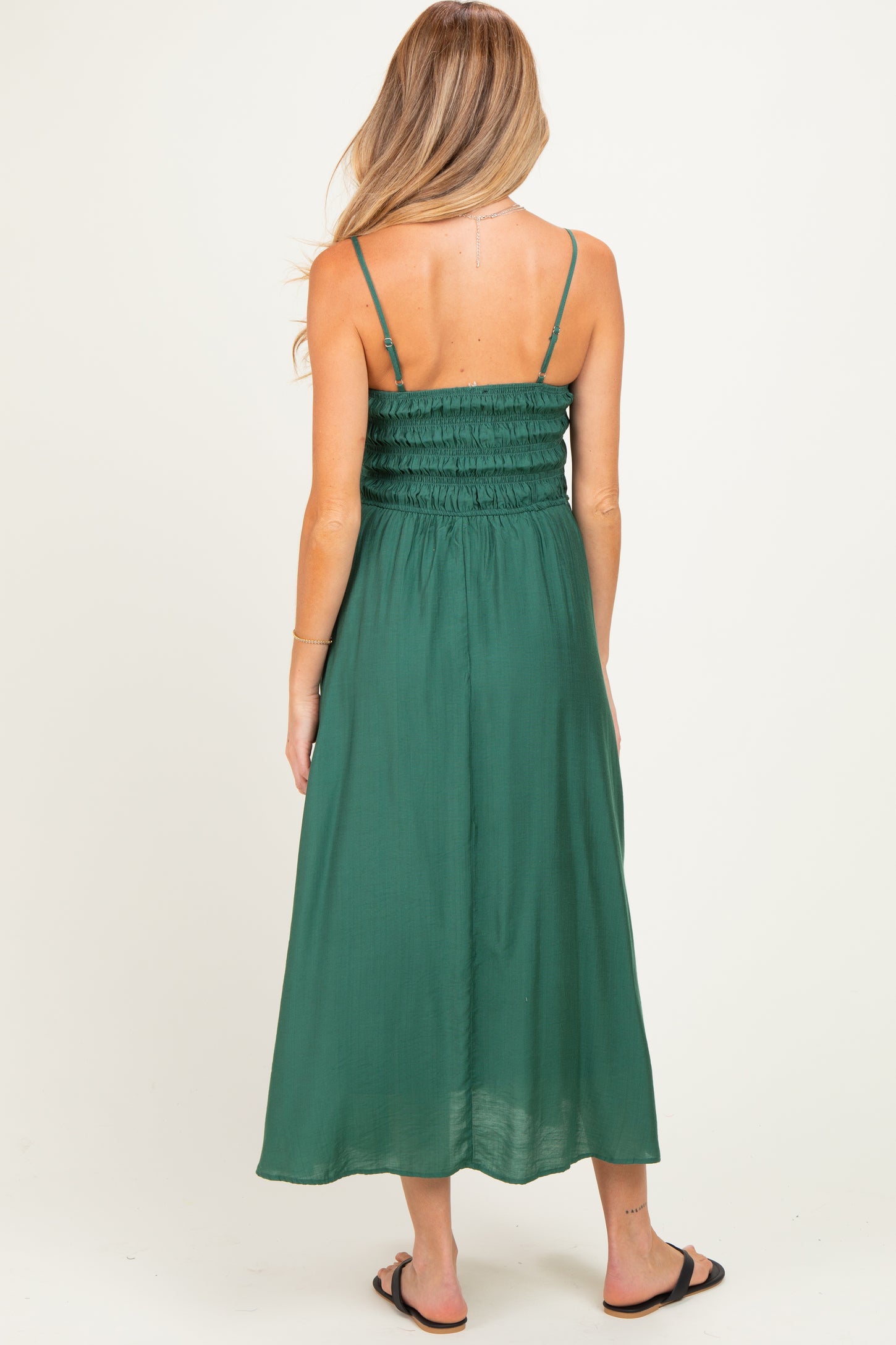 Kelly Green Smocked Thin Strap Maternity Midi Dress