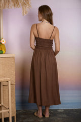 Brown Smocked Thin Strap Midi Dress