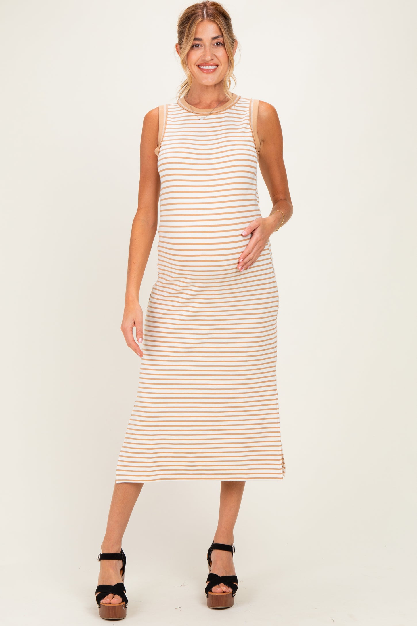 Tan Striped Solid Trim Sleeveless Maternity Midi Dress