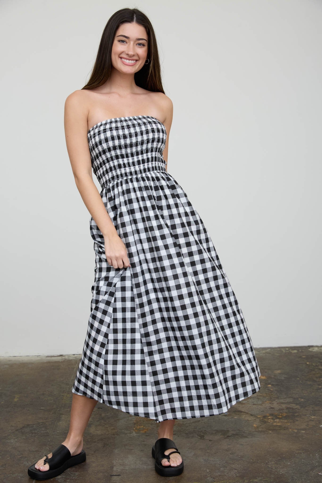 Black White Plaid Strapless Smocked Midi Dress
