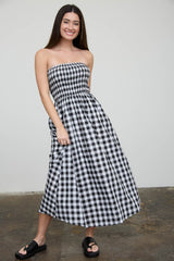 Black White Plaid Strapless Smocked Midi Dress
