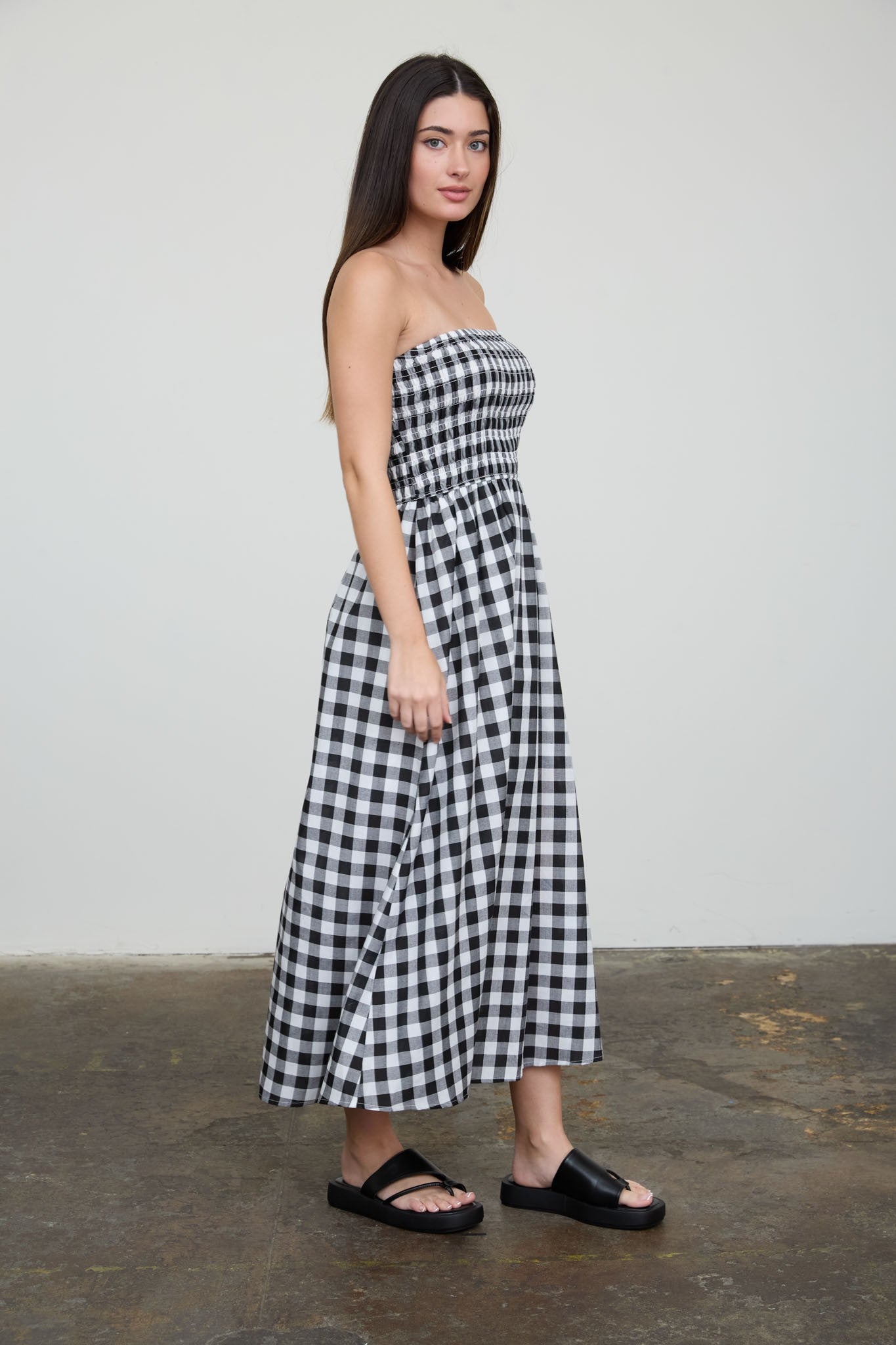 Black White Plaid Strapless Smocked Midi Dress