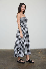 Black White Plaid Strapless Smocked Midi Dress