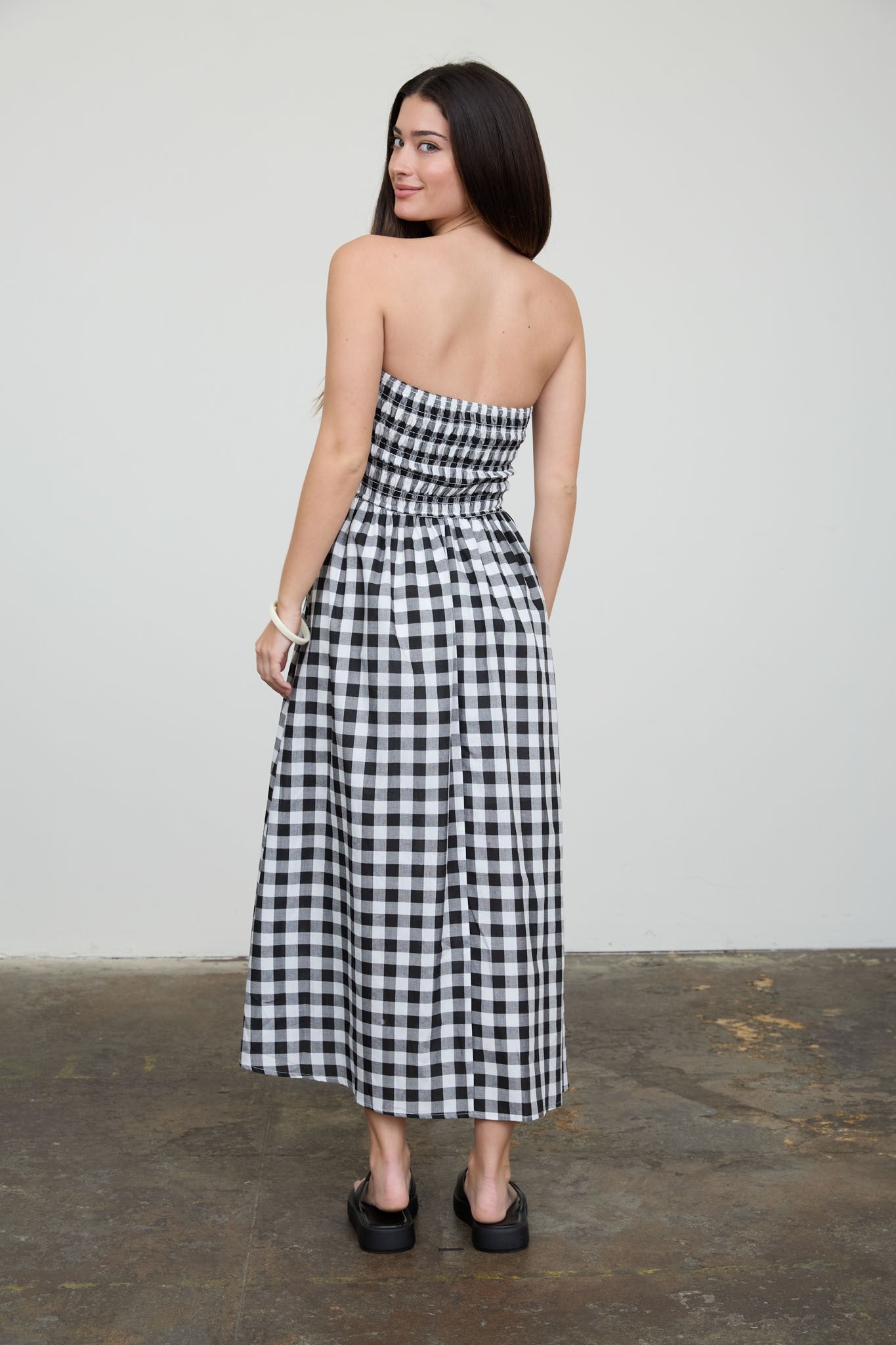 Black White Plaid Strapless Smocked Midi Dress