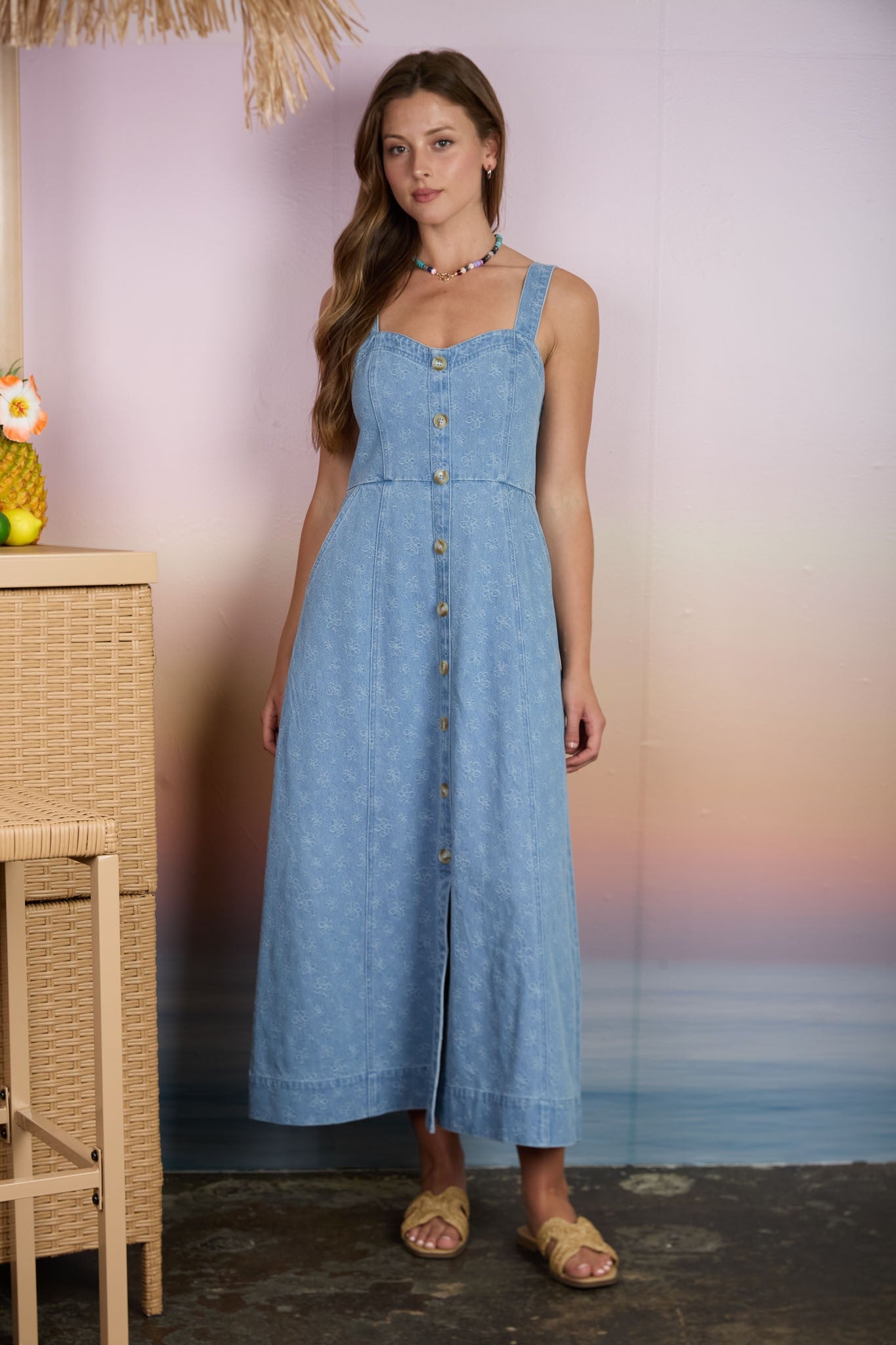 Light Denim Floral Button Down Maternity Midi Dress
