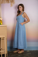 Light Denim Floral Button Down Midi Dress