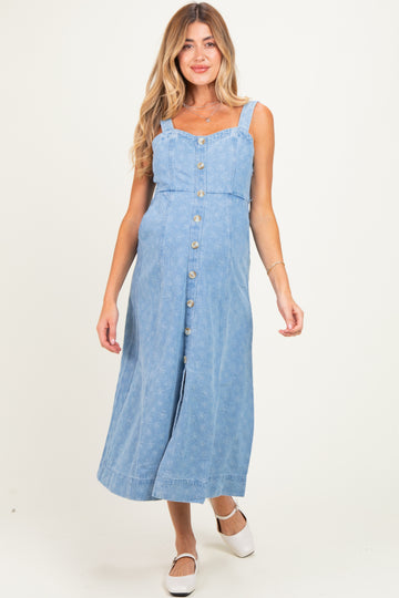 Light Denim Floral Button Down Maternity Midi Dress