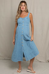 Light Denim Floral Button Down Maternity Midi Dress