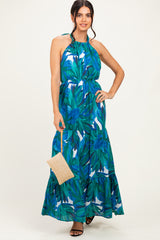 Green Printed Open Cross Back Maxi Dress