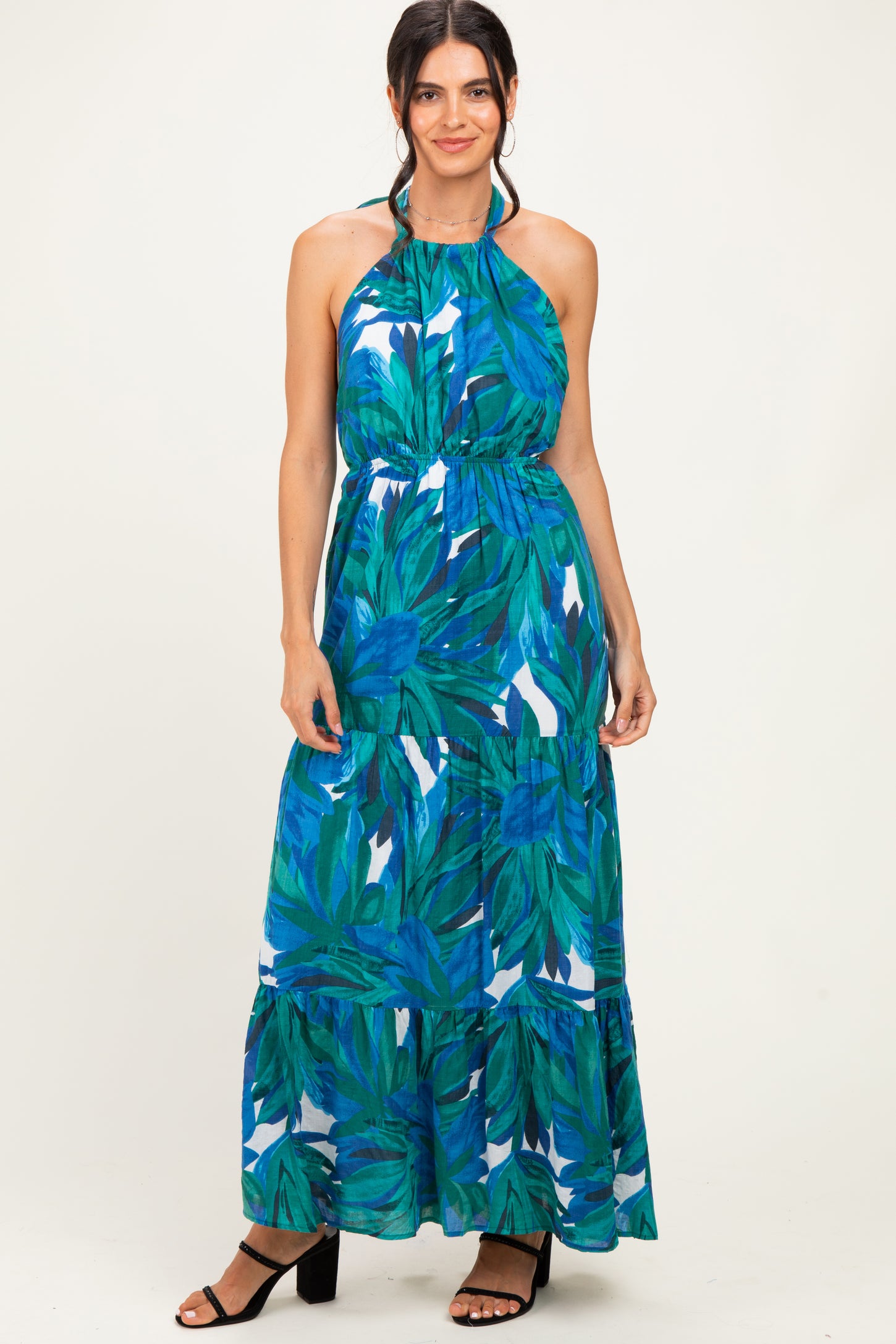 Green Printed Open Cross Back Maxi Dress