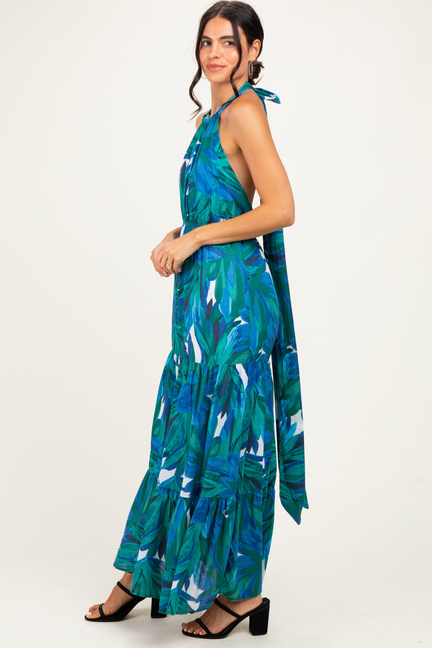 Green Printed Open Cross Back Maxi Dress