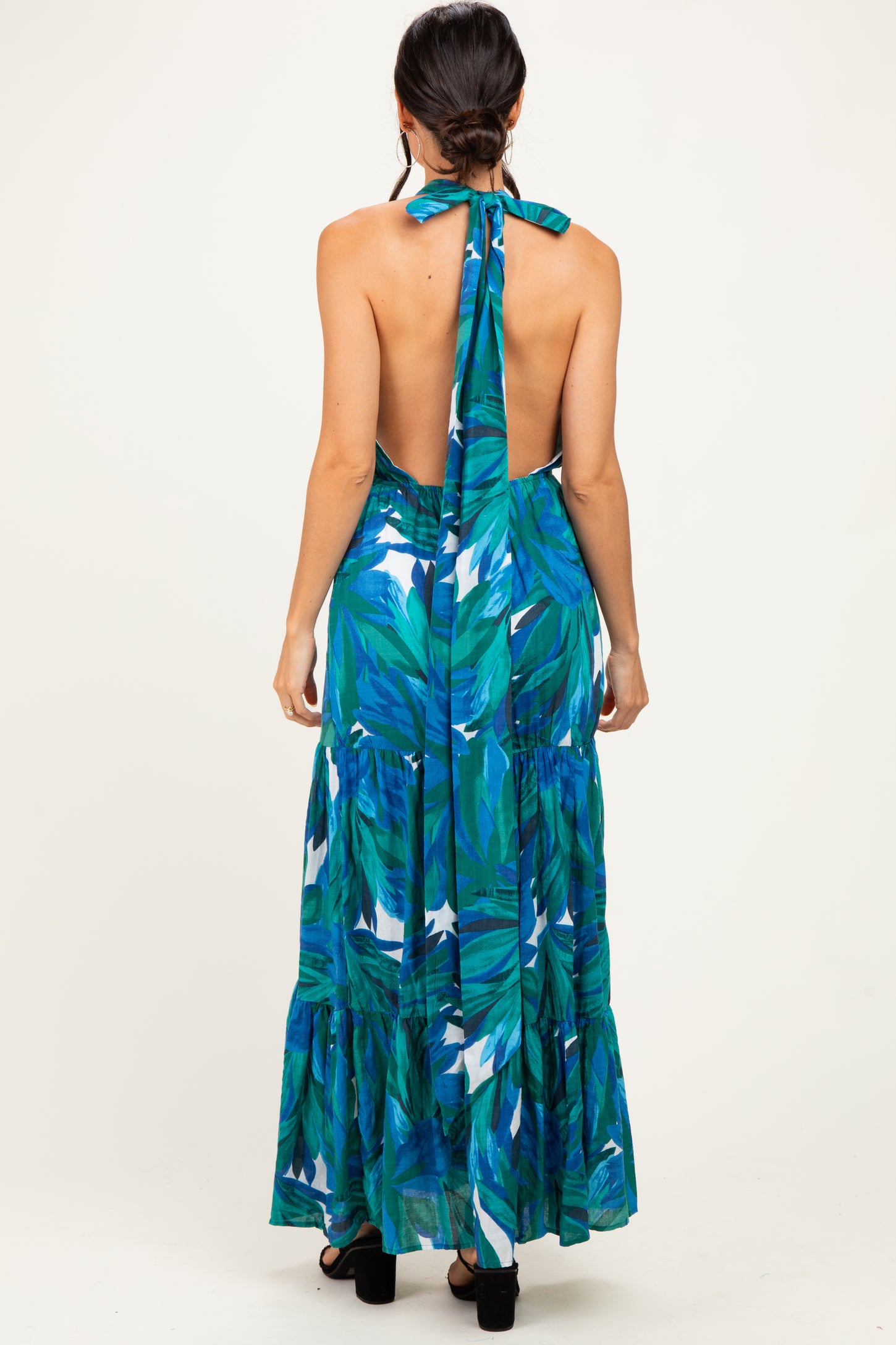 Green Printed Open Cross Back Maxi Dress