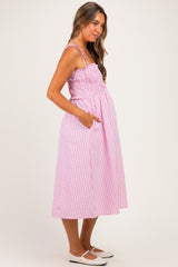 Pink Gingham Smocked Maternity Midi Dress