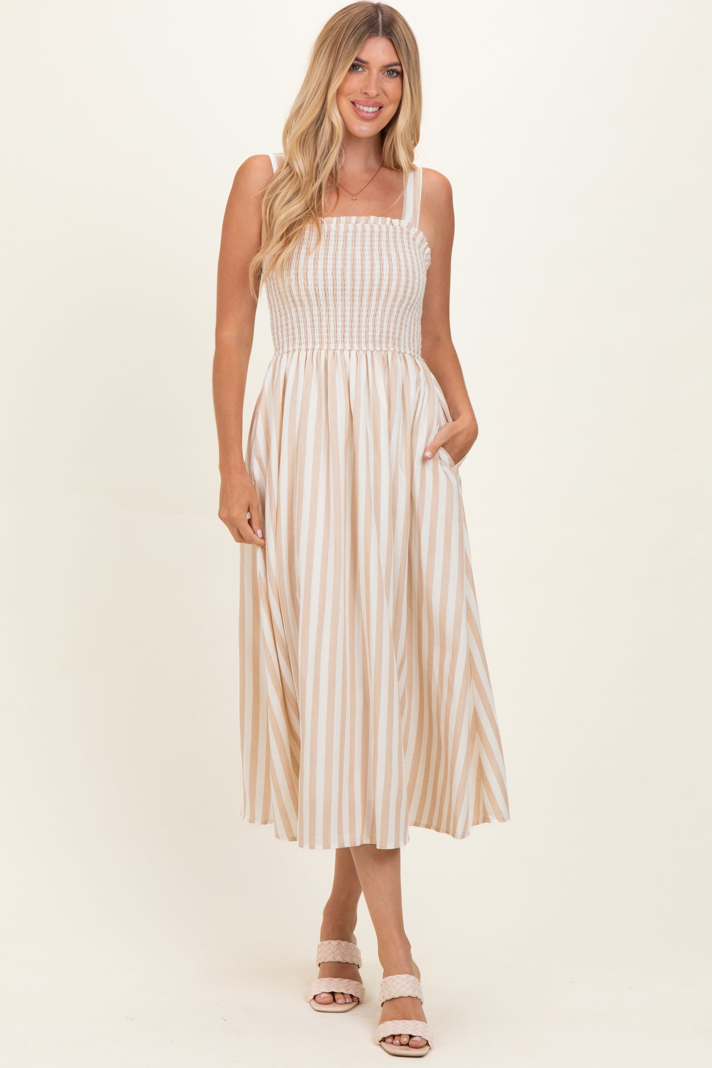 Khaki Striped Smocked Sleeveless Midi Dress