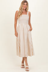 Khaki Striped Smocked Sleeveless Midi Dress