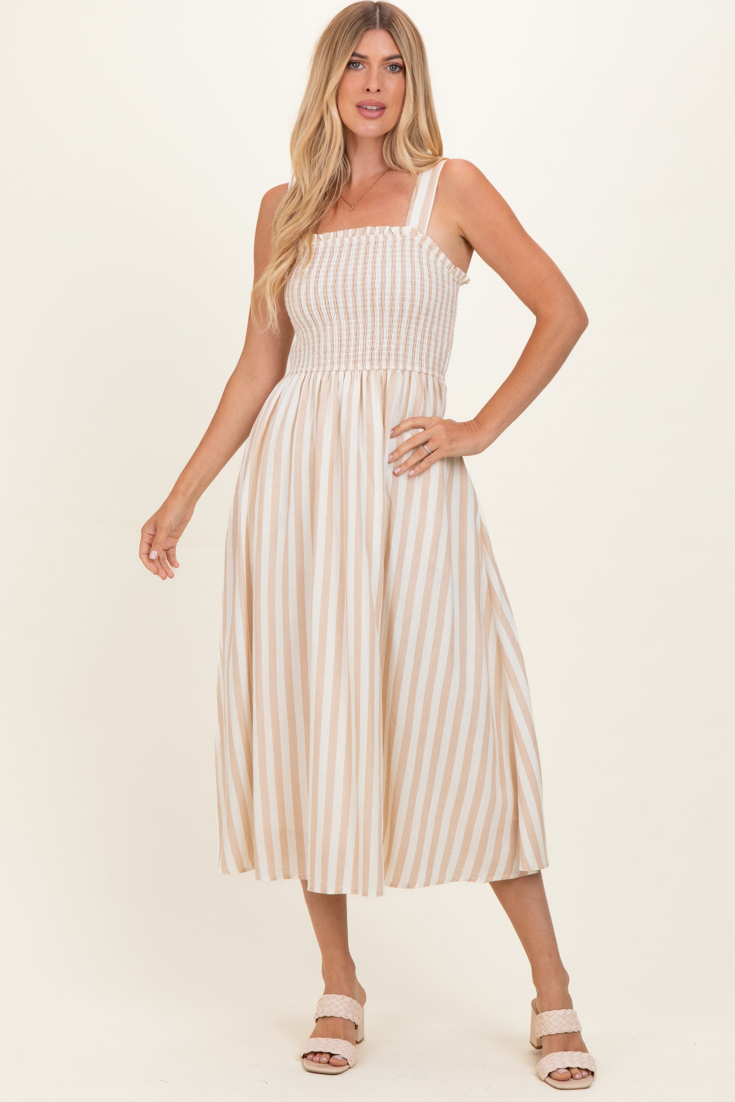 Khaki Striped Smocked Sleeveless Midi Dress