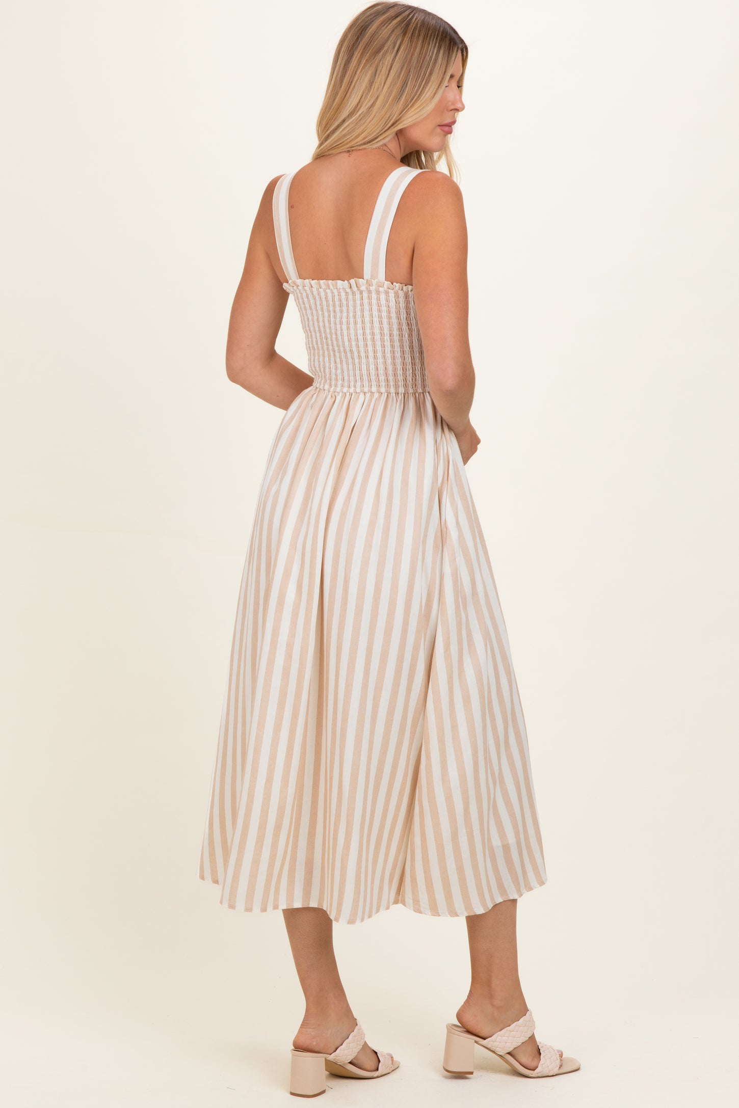 Khaki Striped Smocked Sleeveless Midi Dress