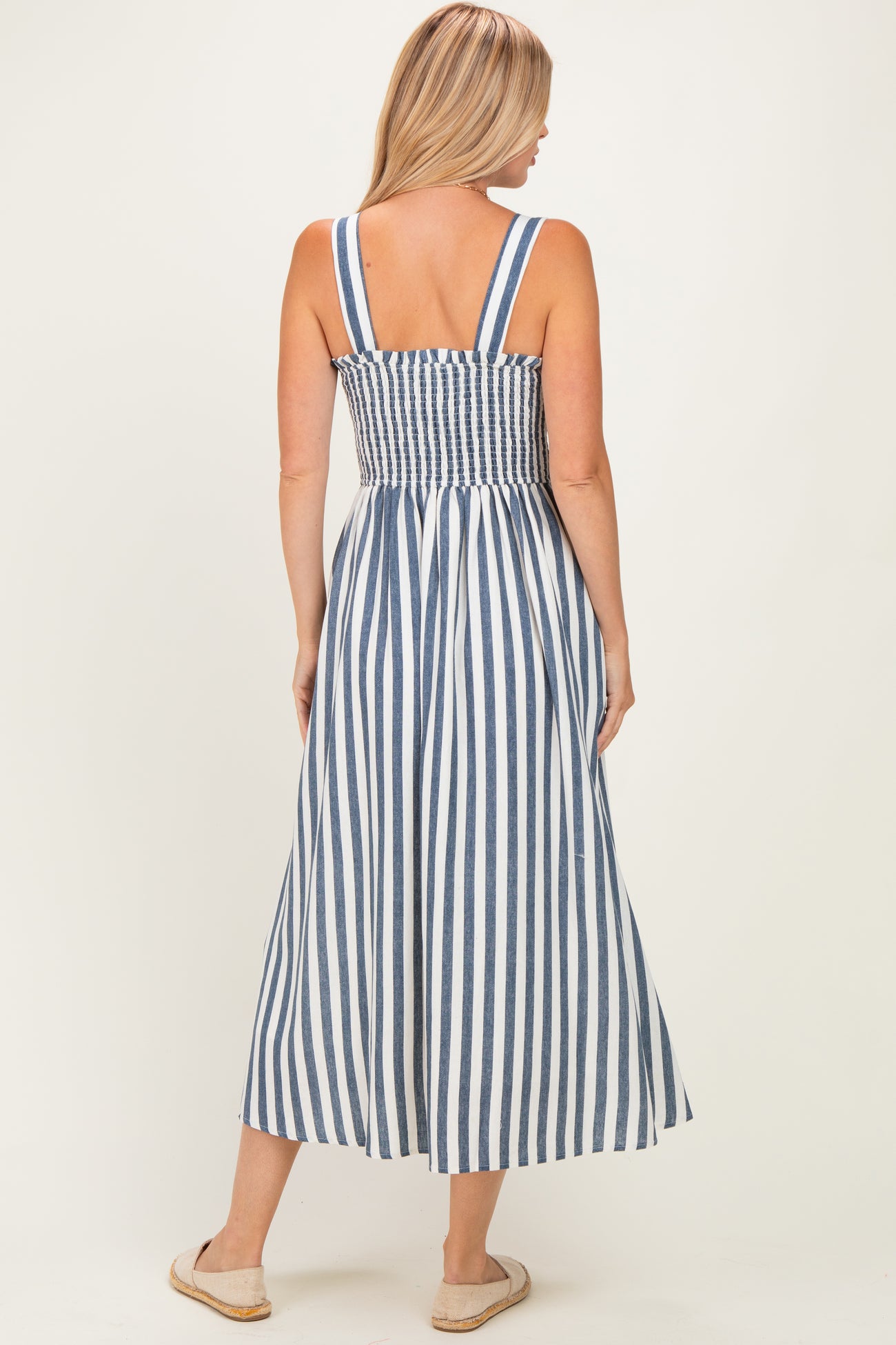 Navy Striped Smocked Sleeveless Midi Dress