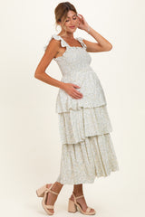 Ivory Floral Smocked Flowy Tier Maternity Midi Dress