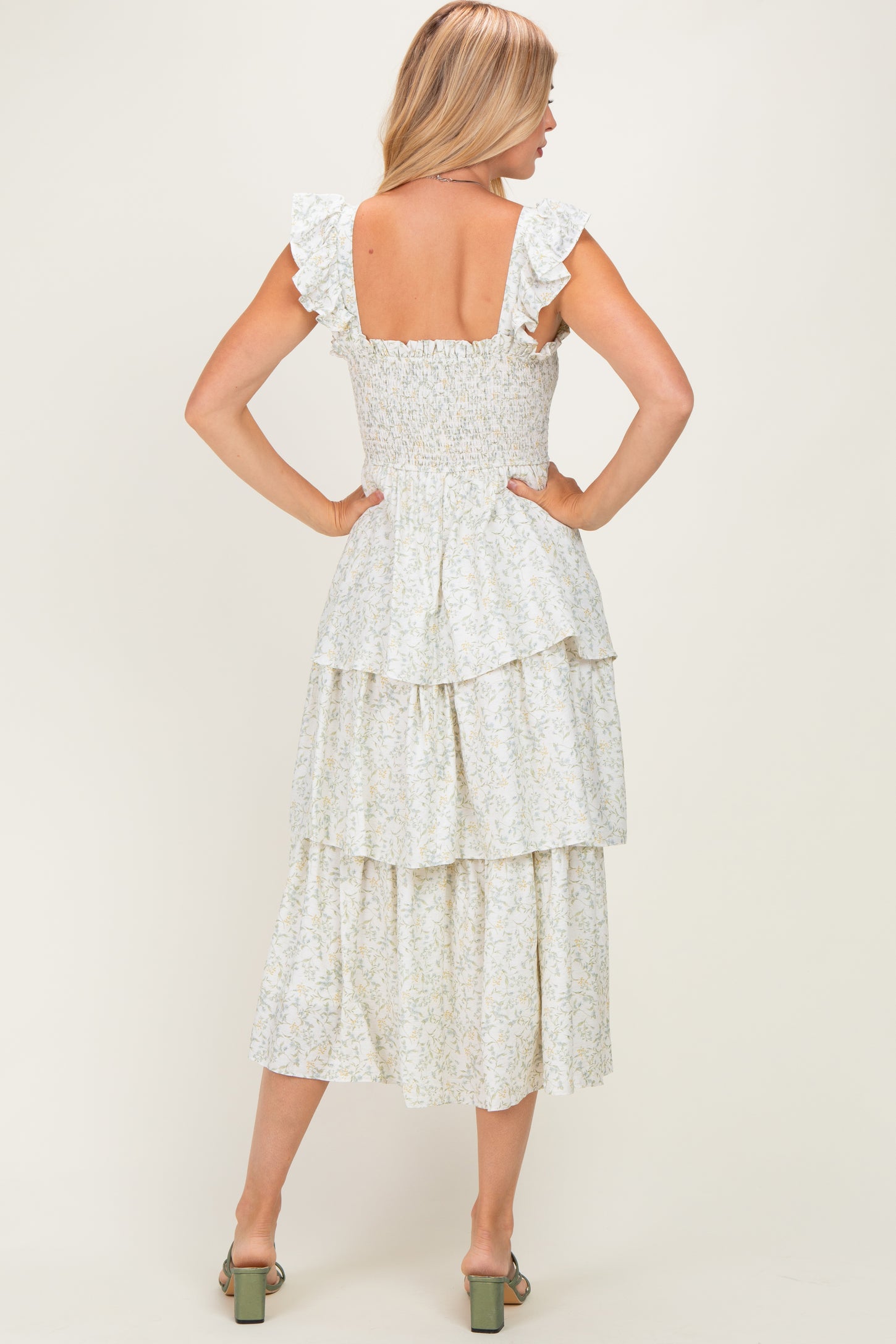 Ivory Floral Smocked Flowy Tier Midi Dress