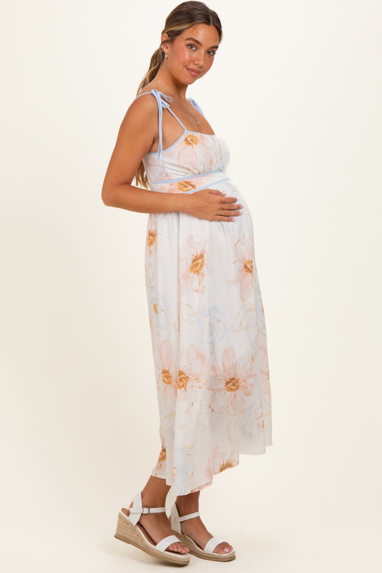 Tan Watercolor Floral Shoulder Tie Maternity Midi Dress