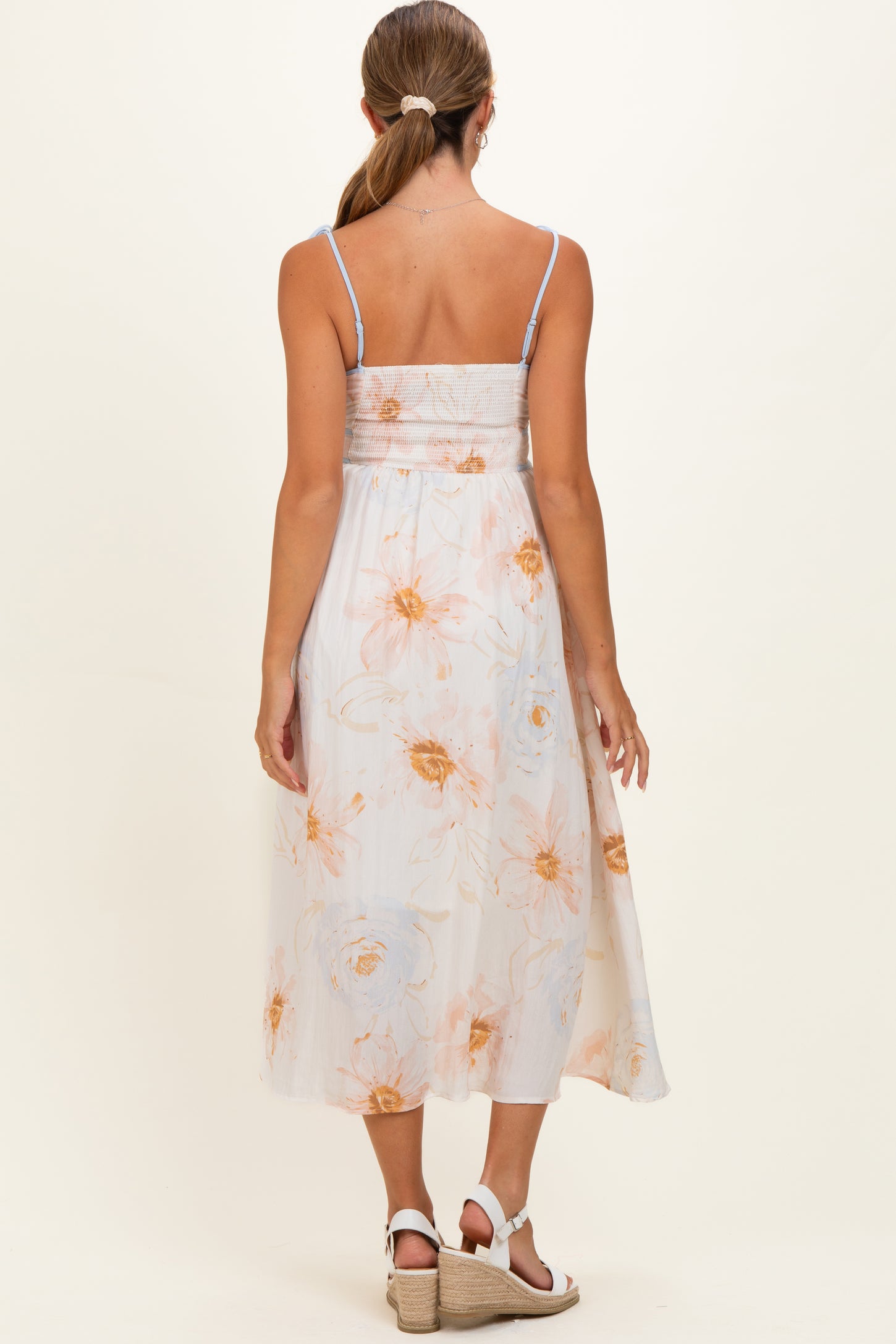 Tan Watercolor Floral Shoulder Tie Maternity Midi Dress