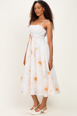 Tan Watercolor Floral Shoulder Tie Midi Dress