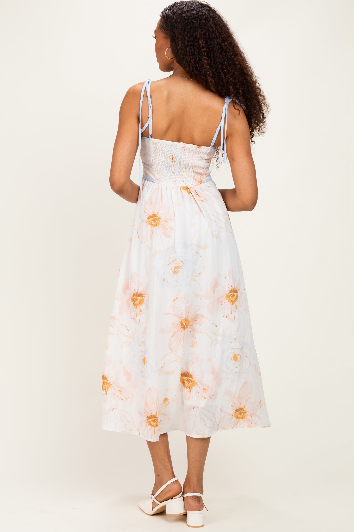 Tan Watercolor Floral Shoulder Tie Midi Dress