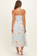 Blue Watercolor Floral Shoulder Tie Maternity Midi Dress
