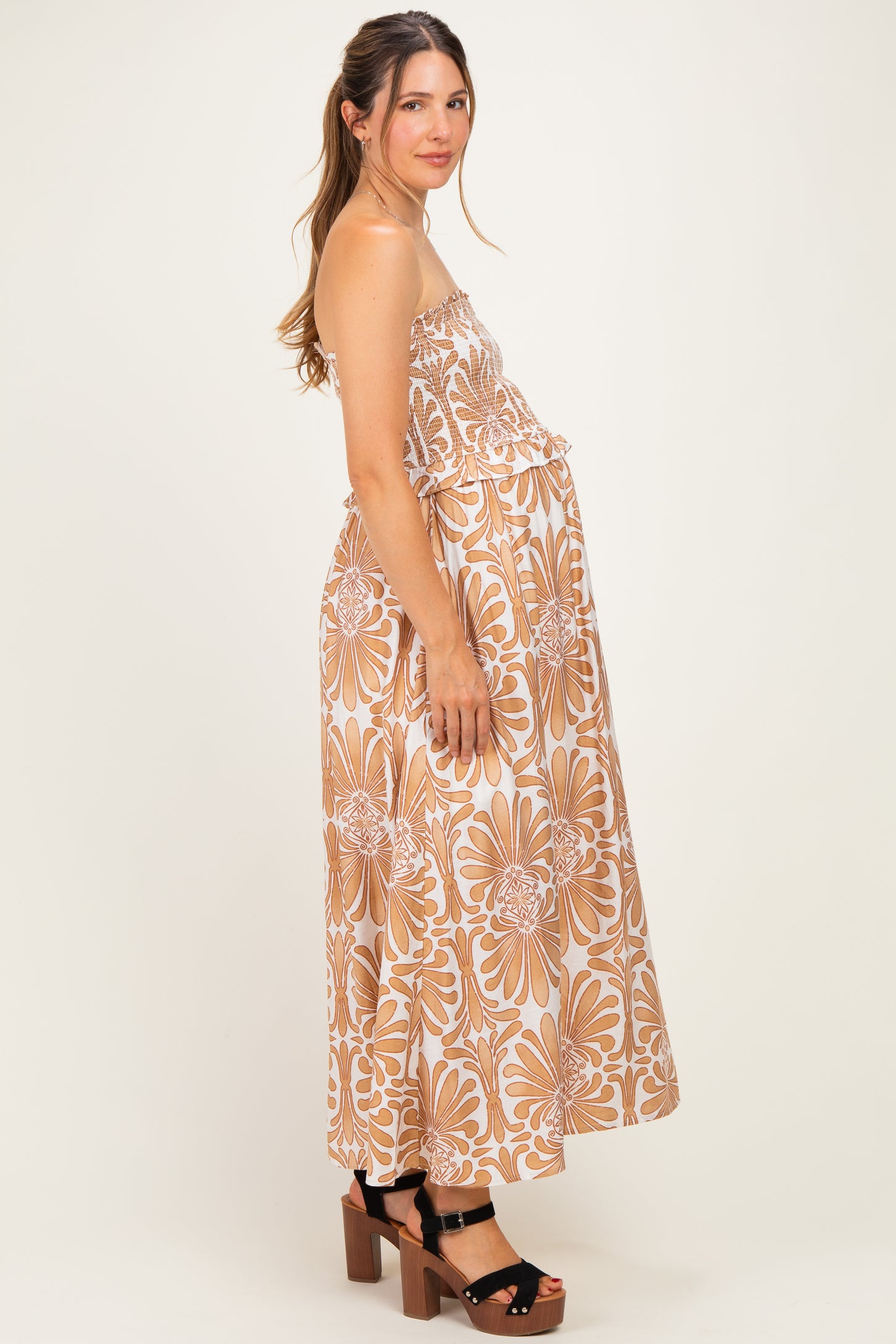 Camel Damask Print Strapless Smocked Maternity Midi Dress