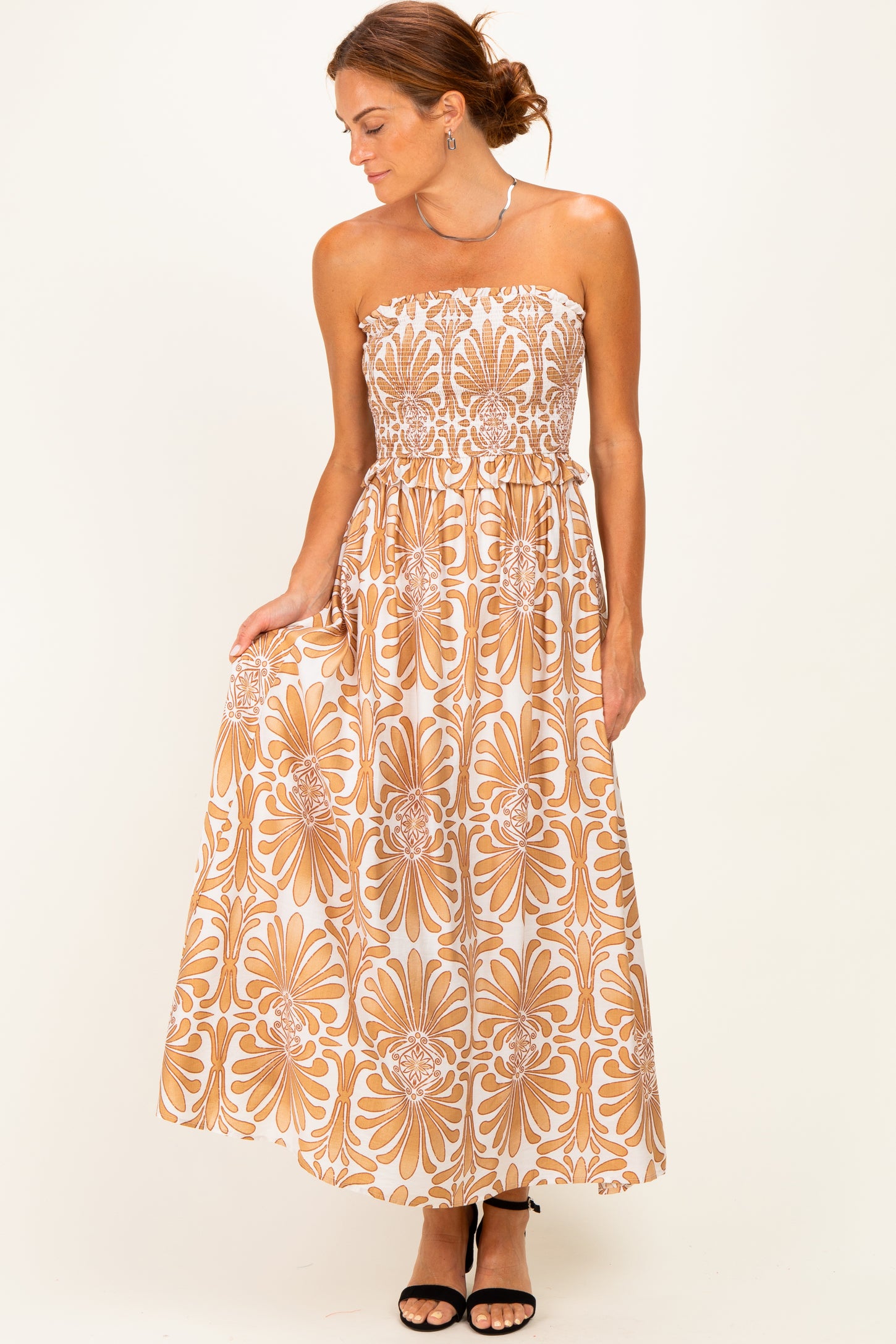 Camel Damask Print Strapless Smocked Midi Dress