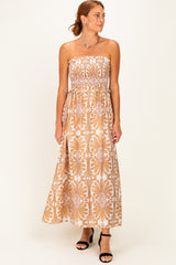Camel Damask Print Strapless Smocked Midi Dress