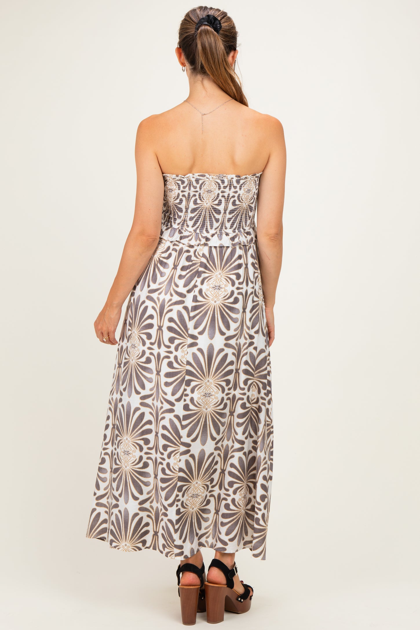 Charcoal Damask Print Strapless Smocked Maternity Midi Dress