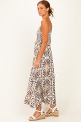 Charcoal Damask Print Strapless Smocked Midi Dress