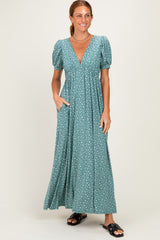 Light Olive Floral V-Neck Short Sleeve Maxi Dress