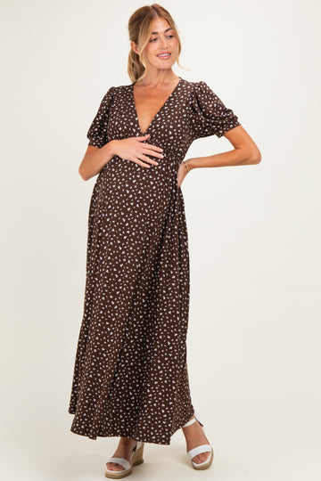 Brown Floral V-Neck Short Sleeve Maternity Maxi Dress
