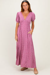 Mauve Floral V-Neck Short Sleeve Maxi Dress