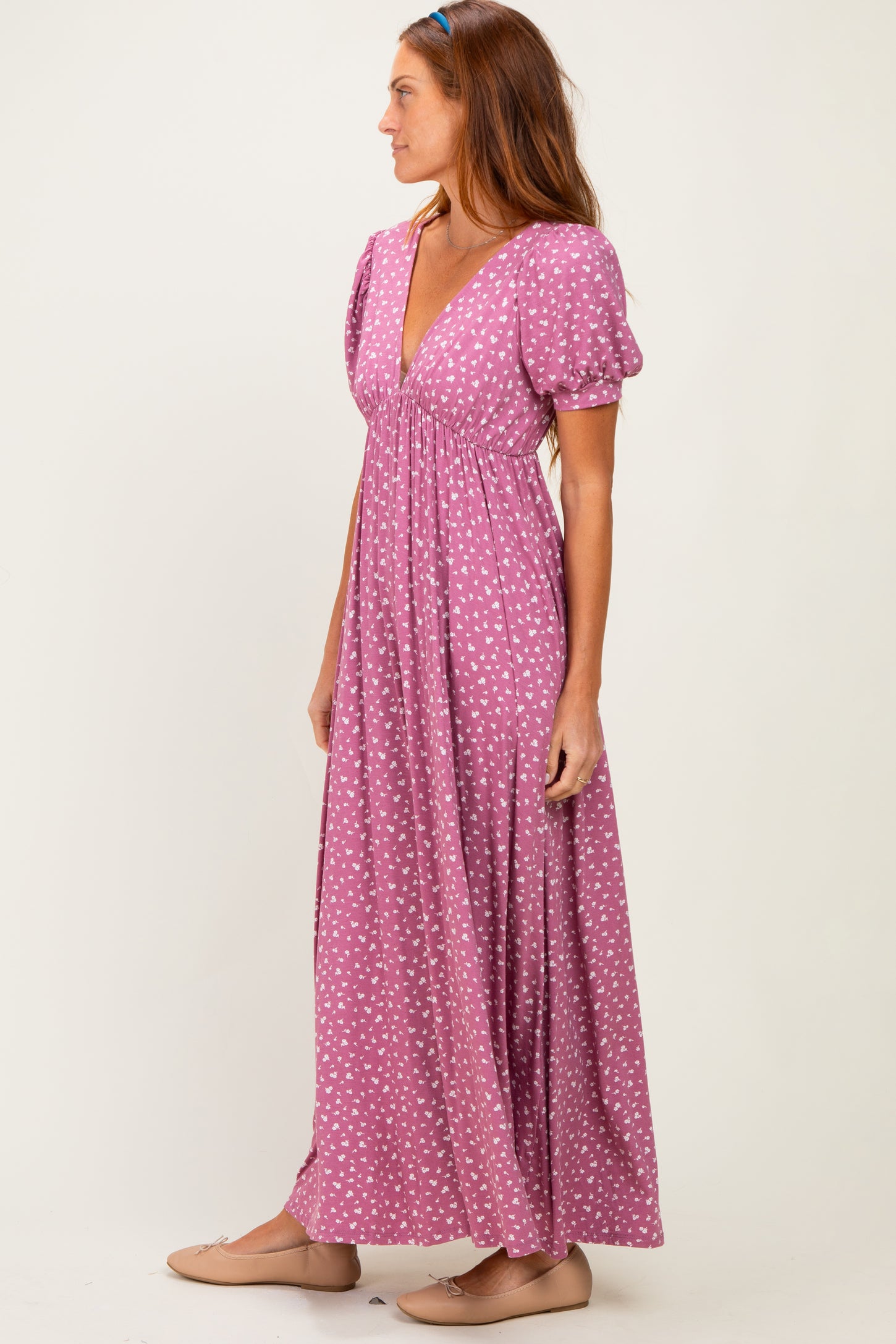 Mauve Floral V-Neck Short Sleeve Maxi Dress