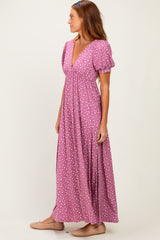 Mauve Floral V-Neck Short Sleeve Maxi Dress