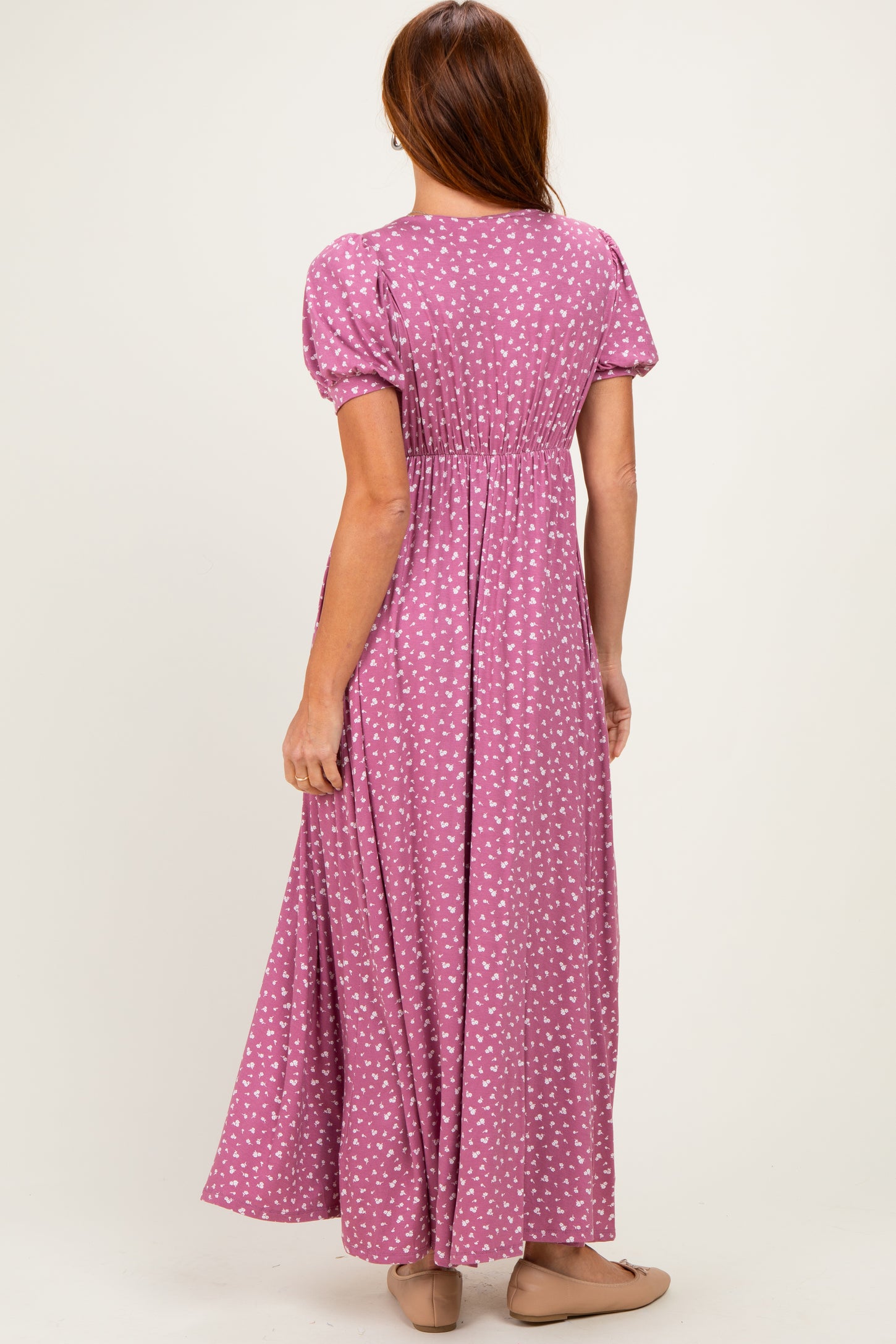 Mauve Floral V-Neck Short Sleeve Maxi Dress