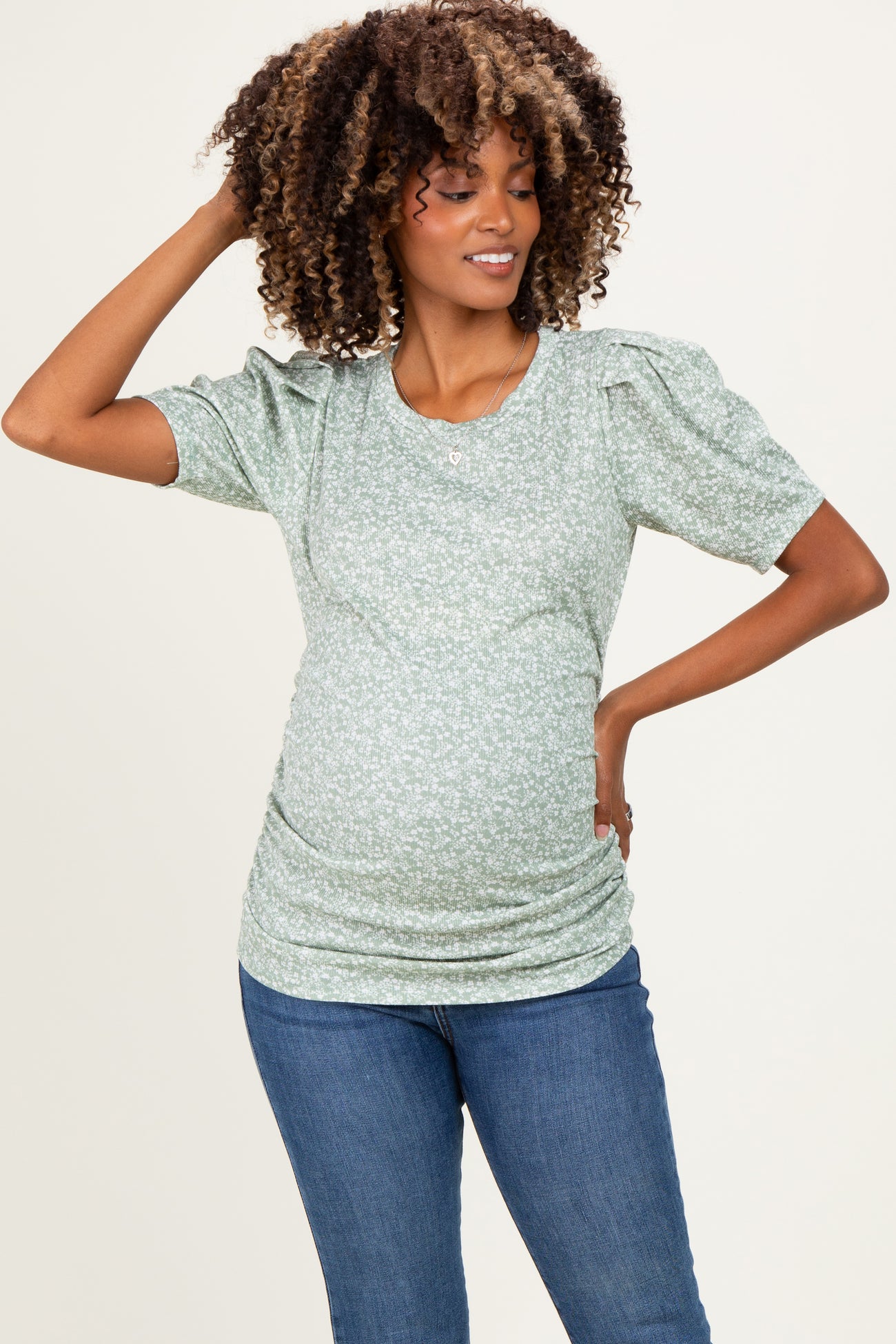 Sage Floral Short Sleeve Ribbed Maternity Top