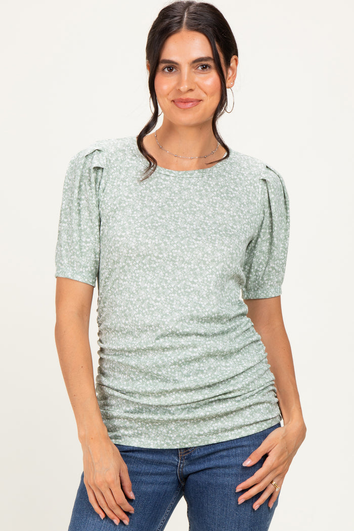Sage Floral Short Sleeve Ribbed Top