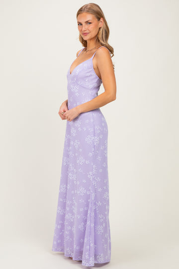 Lavender Floral Sleeveless V-Neck Maxi Dress