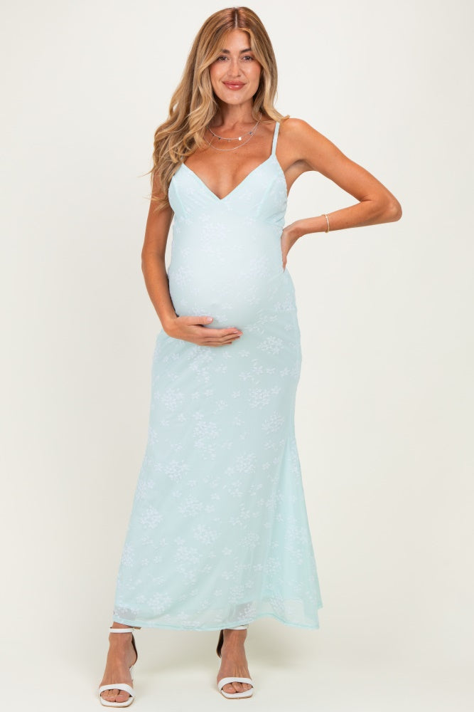 Mint Floral Sleeveless V-Neck Maternity Maxi Dress