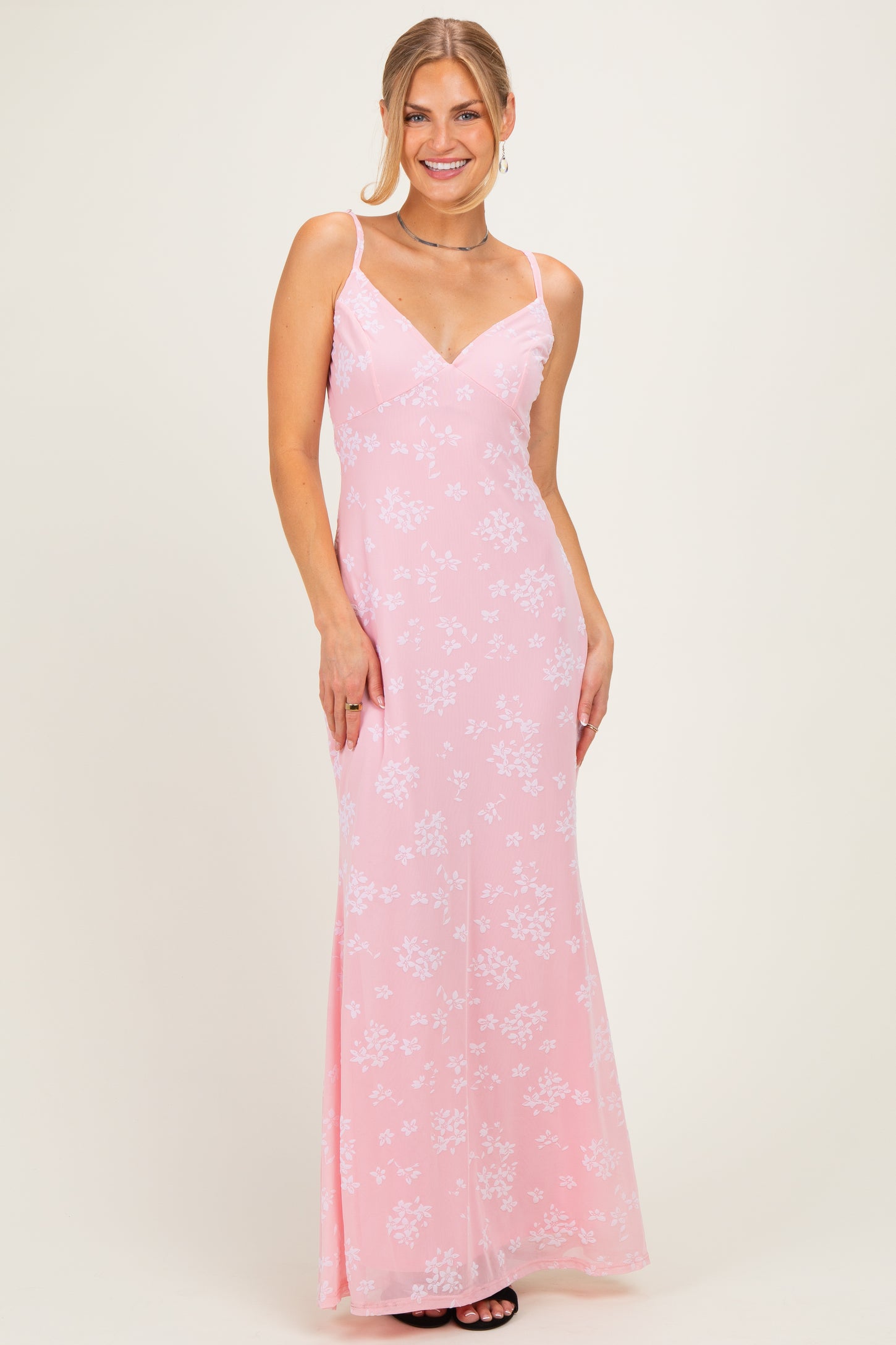 Pink Floral Sleeveless V-Neck Maxi Dress